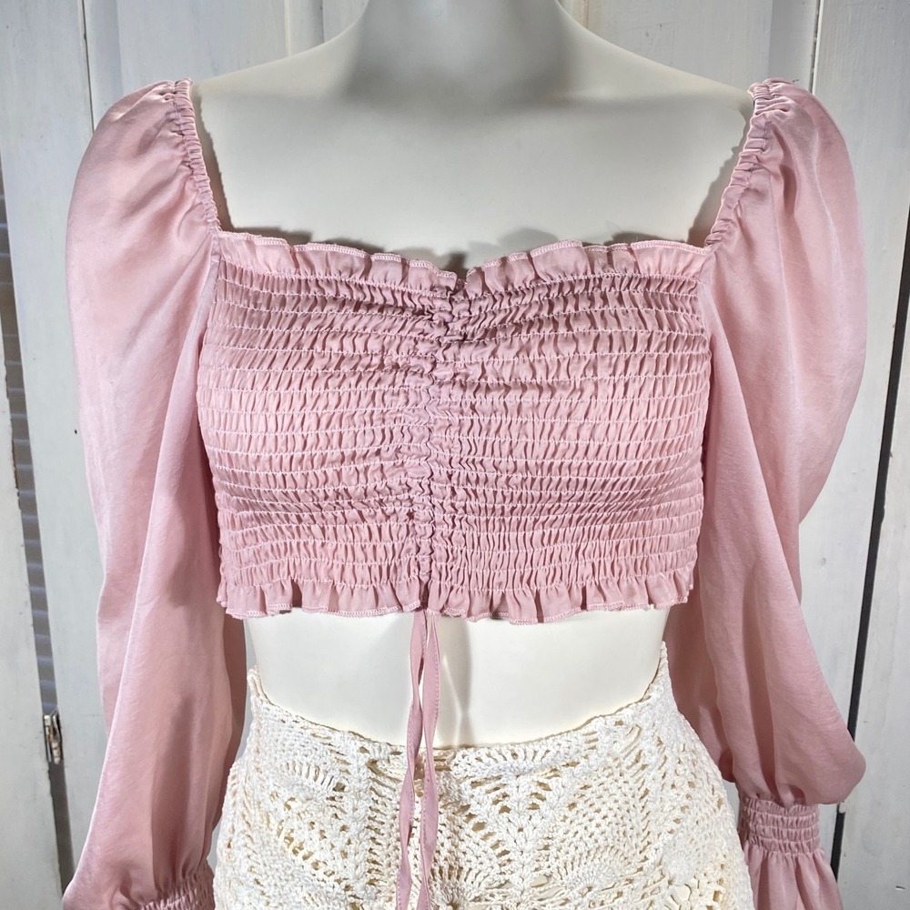 Fairycore Princesscore Pink Smocked Puff/Bell Sleeve Top M Ruched Tie Silky